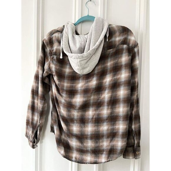 American Eagle men’s ￼light brown cream and gray plaid flannel hoodie XS - Picture 2 of 4
